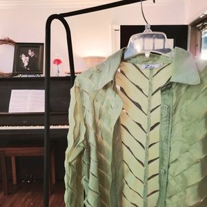 Zba Metallic Green Mesh Shacket Sweater Button-Up Shirt with Collar